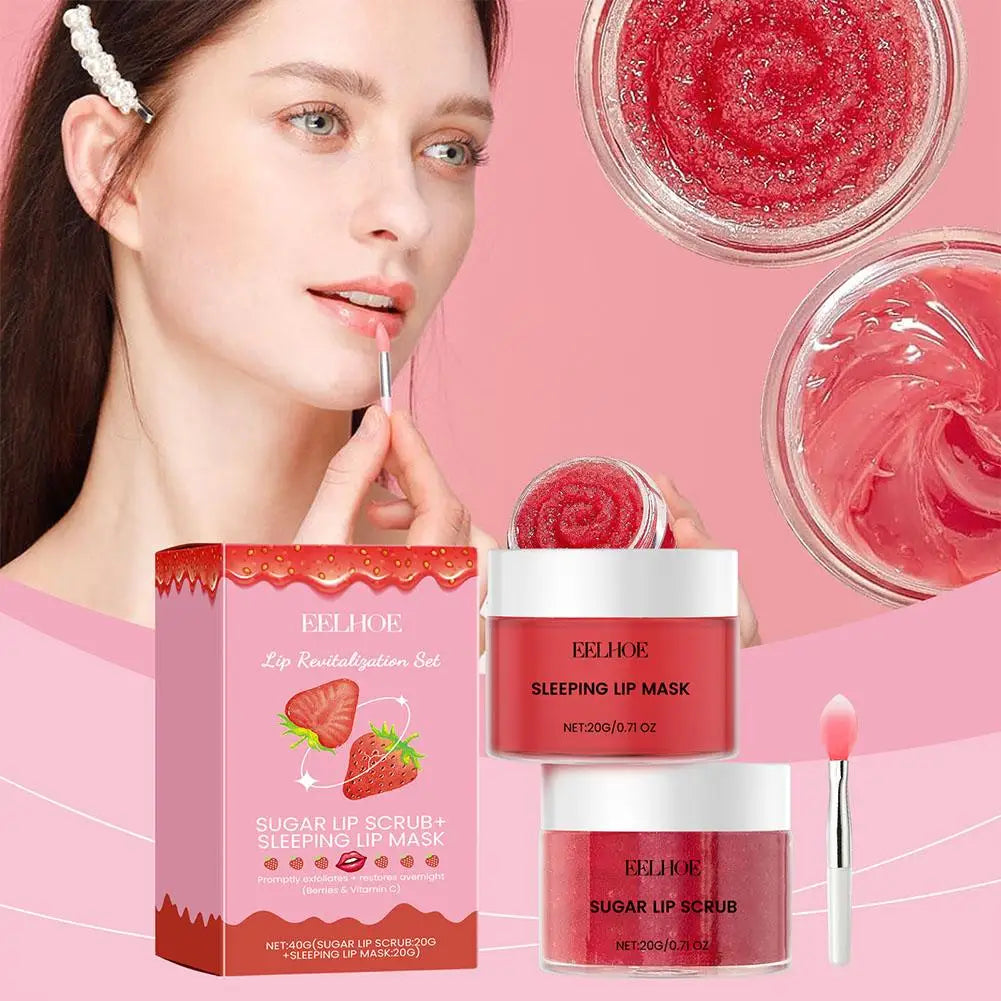 Strawberry Flavour Lip Scrub & Overnight Lip Mask Set Exfoliate, Soothe & Hydrate Lip Balm & Moisturizer Set Treatment Lip Care