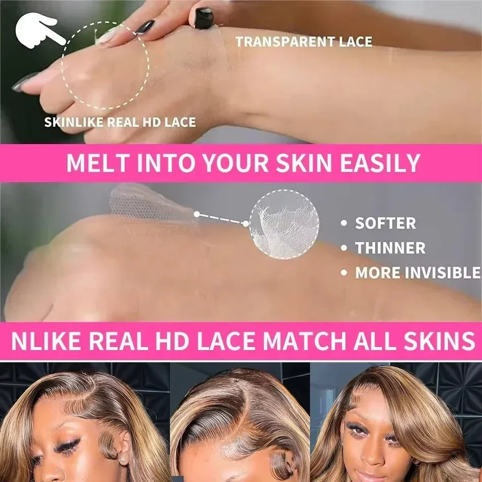 HD Lace Frontal Wigs Honey Blonde Colored Highlight Body Wave Human Hair Pre-plucked