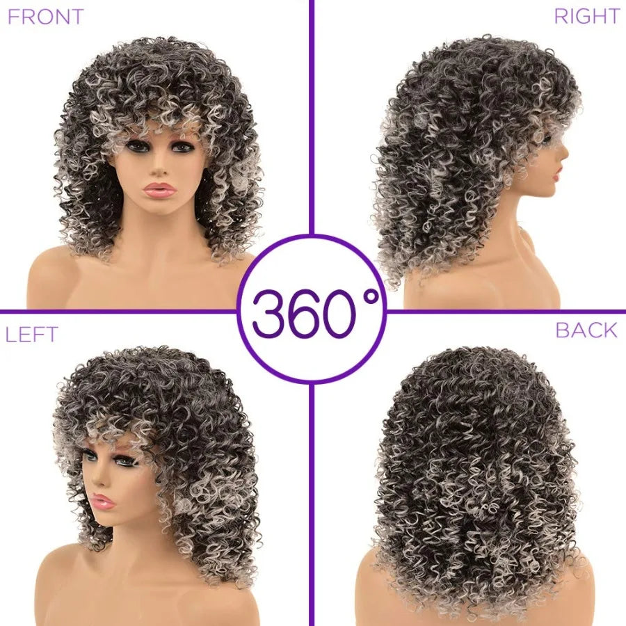 YEAME Curly Wigs Kinky Curly Afro Wig with Bangs Ombre Gray Color Synthetic Mixed Wigs with 1 Wig Comb and 4pcs