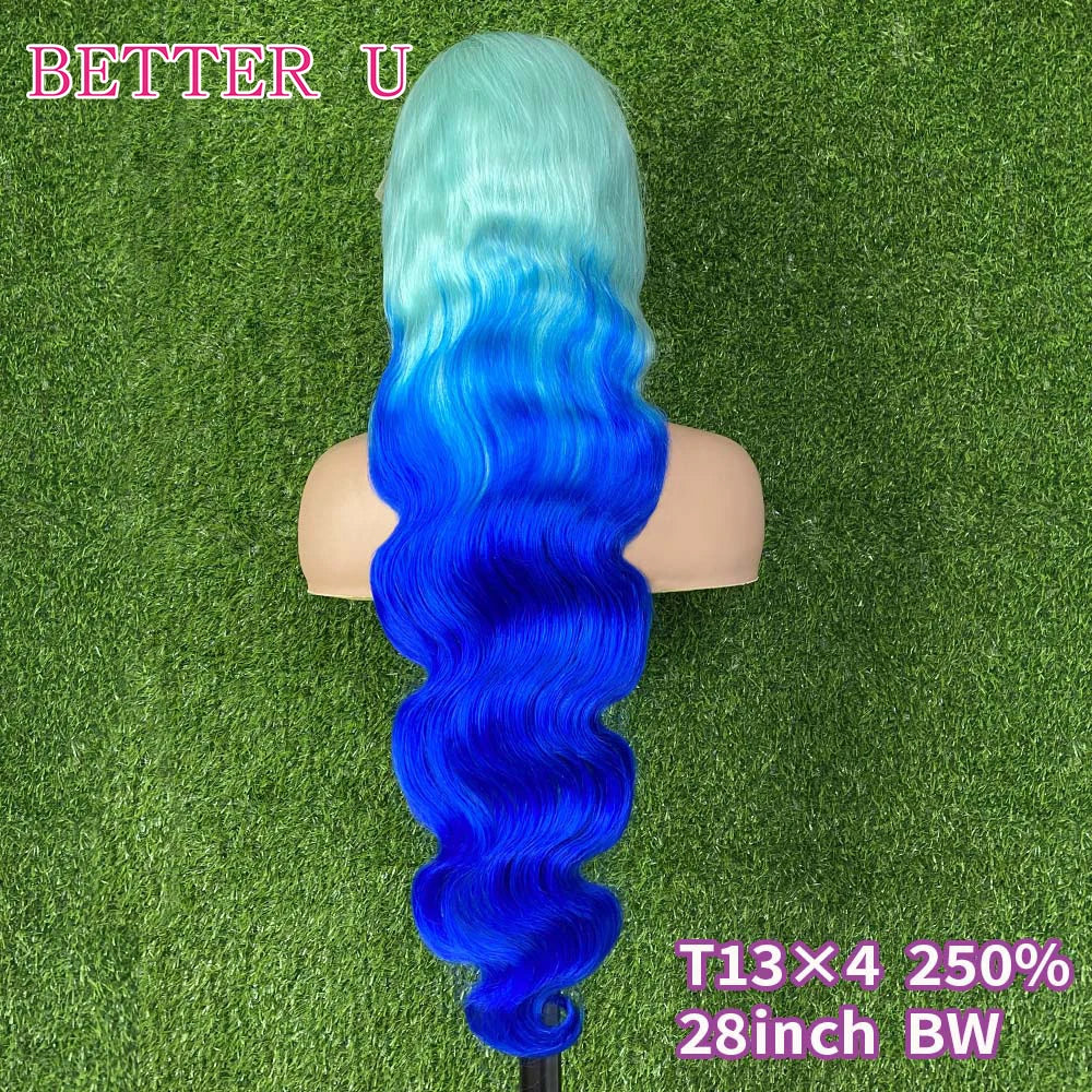 Ombre Blue Human Hair Wig Body Wave 13x4 13x6 Transparent Lace Front Wigs For Women Pre Plucked Colored Brazilian Remy Hair