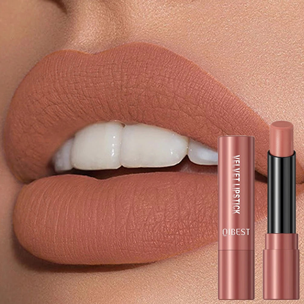 QIBEST Velvet Matte Lipstick Non Staying Cup Moisturizing and Long Lasting Sexy Nude Matte Lip Stick Makeup Korean Cosmetics
