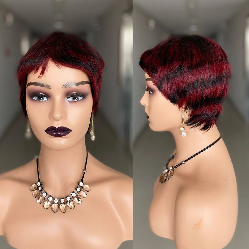 Short Straight Human Hair Wigs Natural Color Brazilian Remy Hair Pixie Cut Wig Cheap Human Hair Machine Wig For Black Women