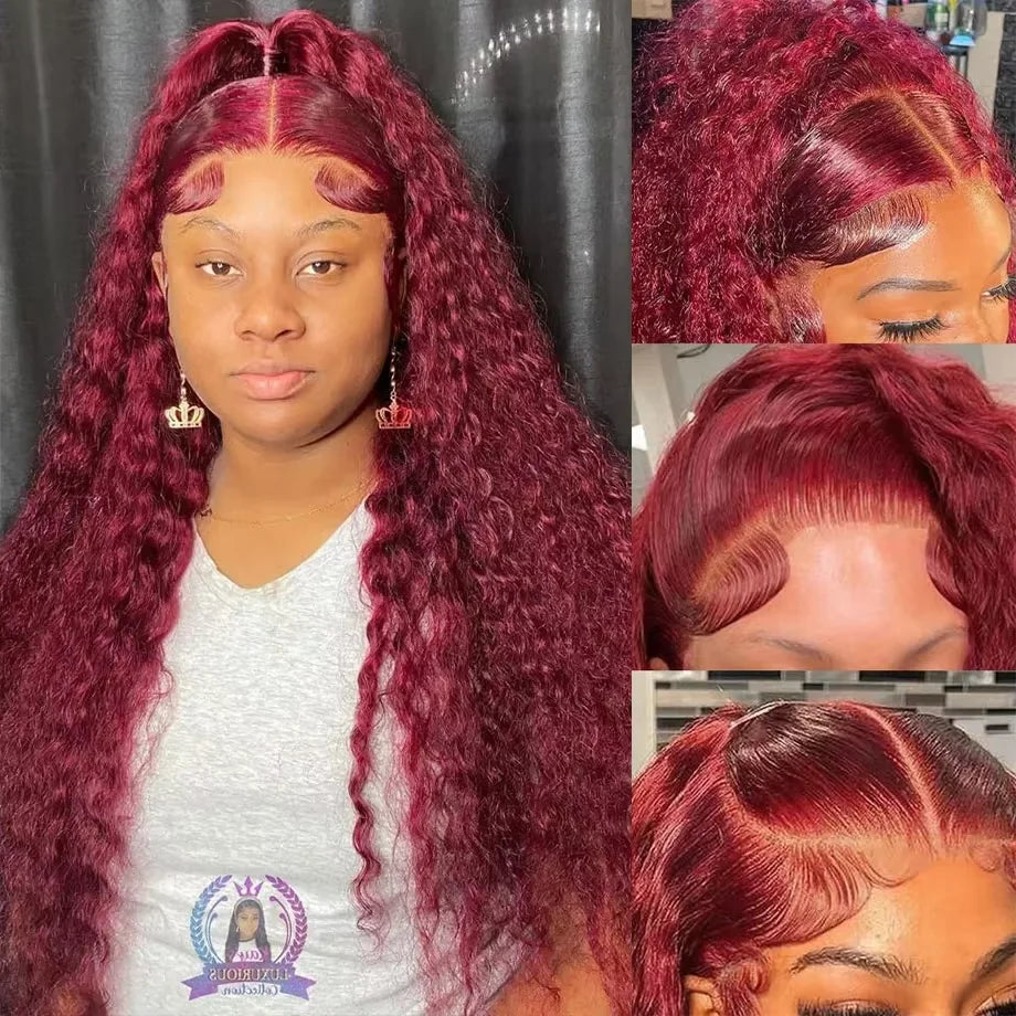 Brazilian 13x6 Hd Lace Frontal Wigs Deep Wave Burgundy Human Hair 99j Colored Red Wig For Women Brazilian Water Wave Curly Wigs