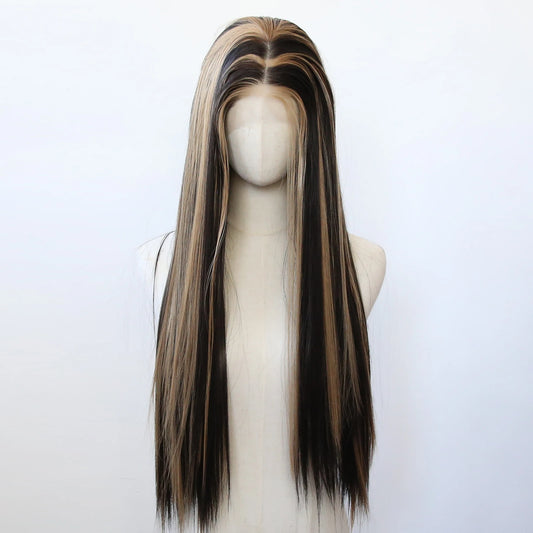 Balayage Wig Black Highlight #27 Middle Part Synthetic Lace Front Wigs for Black Women Pre Plucked Heat Resistant Fiber Hair