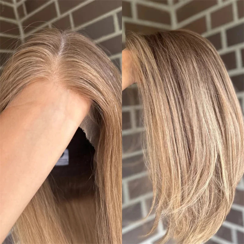 Ombre Blonde with Brown Streaks Synthetic HD Lace Front Wig Short Straight Glueless Bob Wig for White Women Daily Party Use