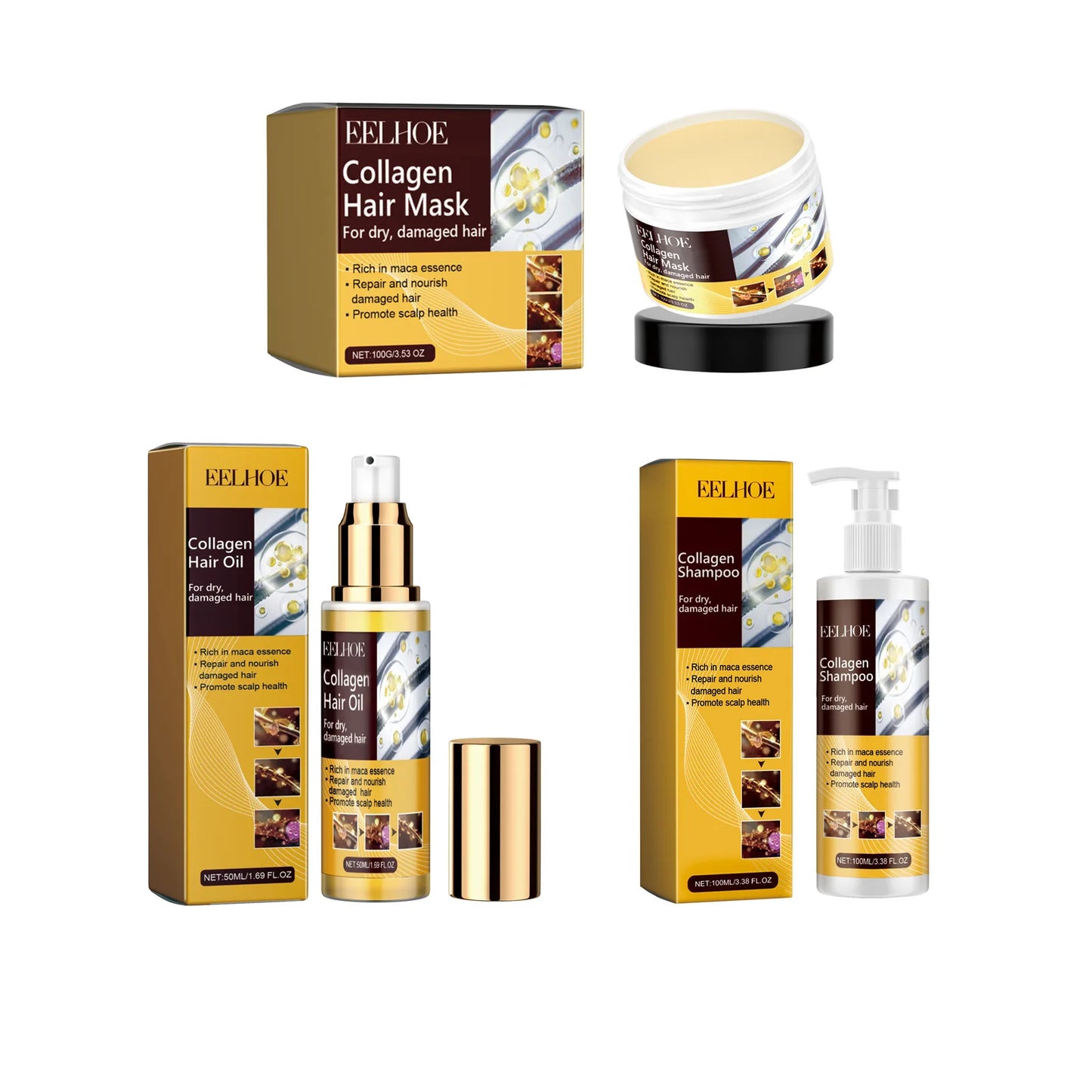 EELHOE Collagen Hair Care Kit Repair Keratin Hair Smoothing Softener Shiny Strengthen Mask Shampoo Maca Anti Frizz Hair Products