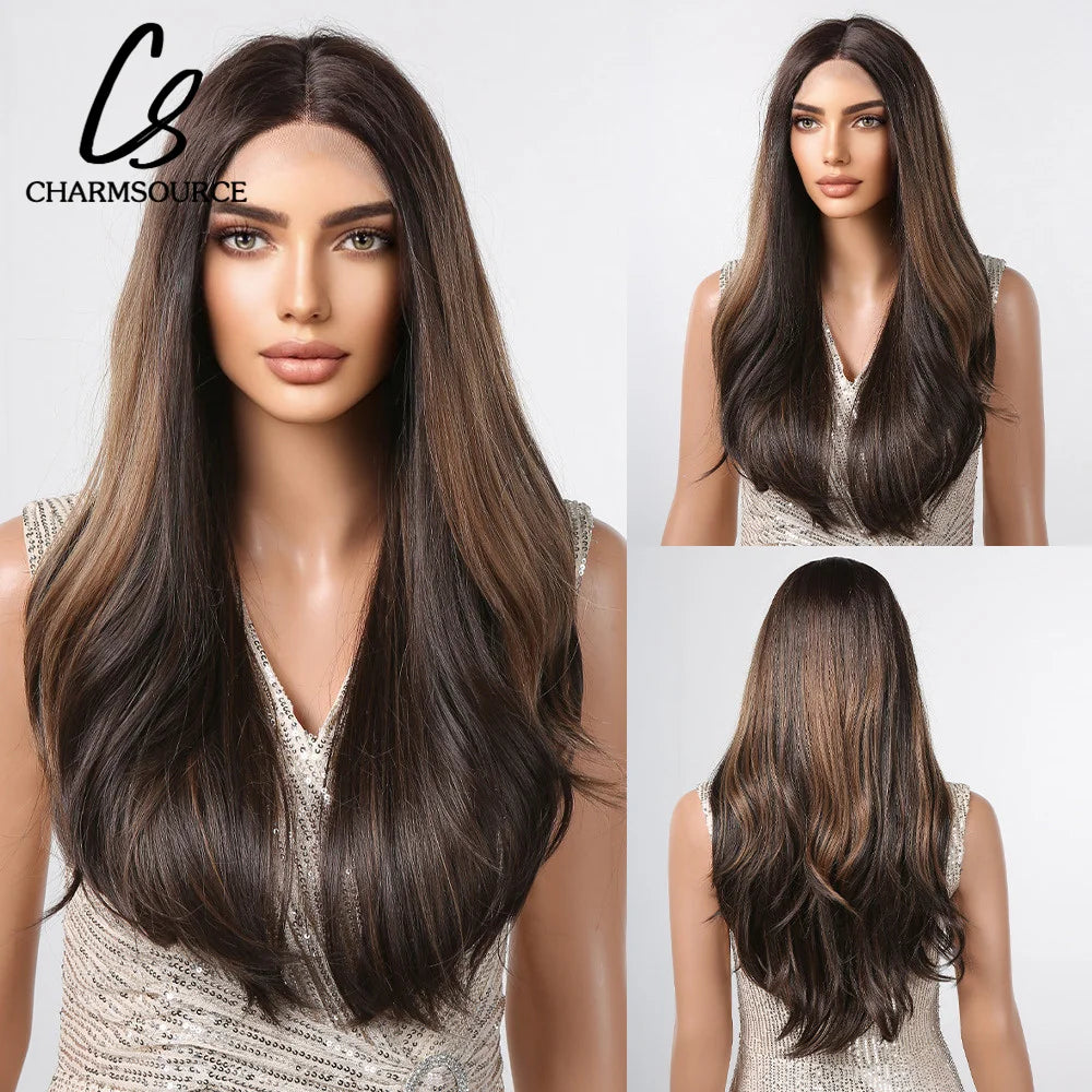 CharmSource 13x6 Lace Synthetic Wig Long Wavy Light Blonde Wigs with Dark Root Women Daily Party Cosplay Wedding High Density