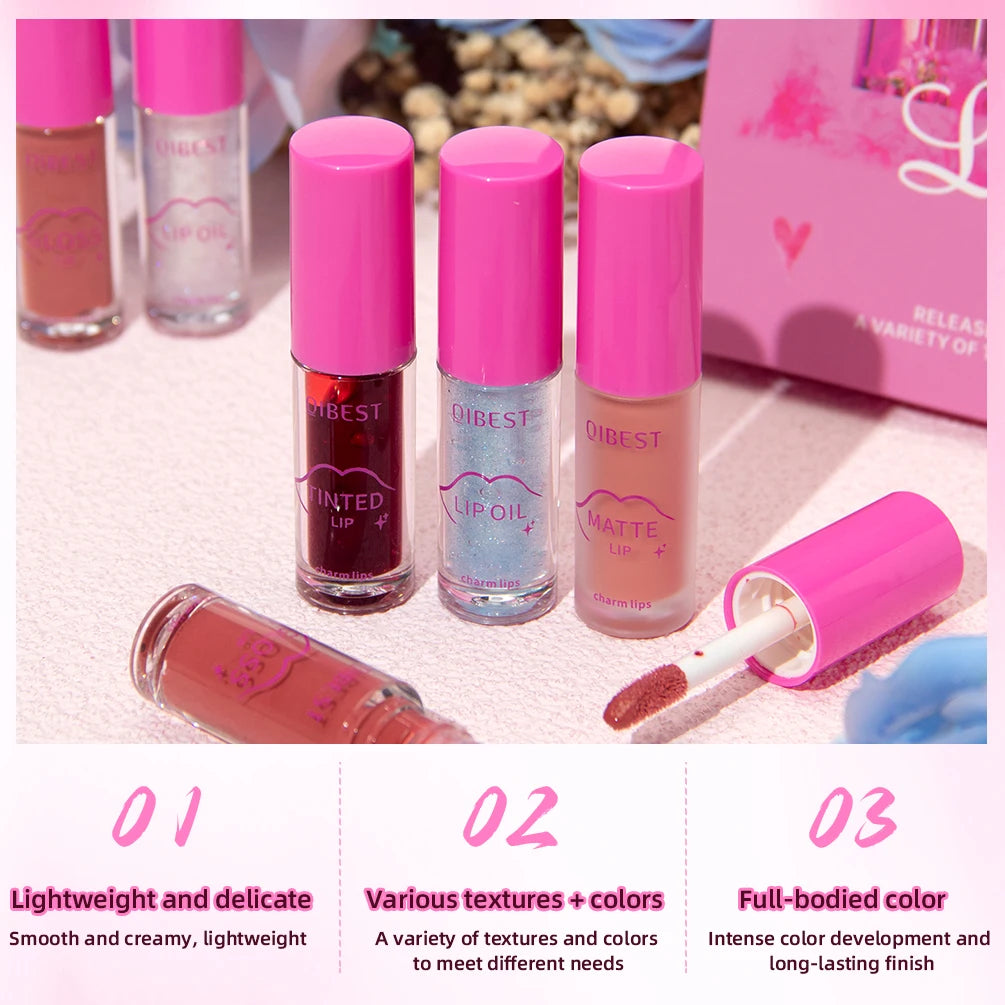 QIBEST Lips Makeup Set Matte Velvet Liquid Lipstick Lip Gloss Non-Sticky Lip Oil Glaze Moisturizing Lip Tint Balm Cosmetics Kits