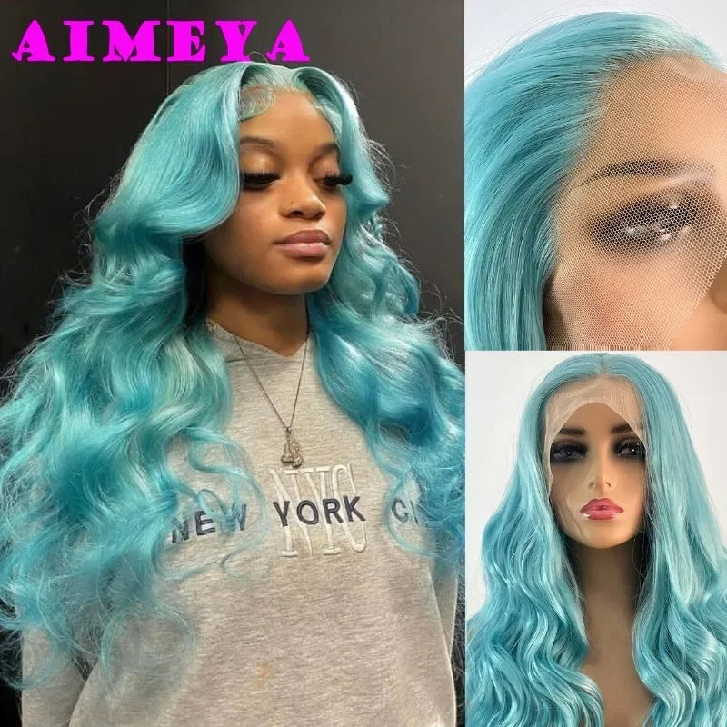 AIMEYA Lace Wig Synthetic Long Body Wave Lace Front Wig Mint Heat Resistant Hair Lace Daily Use Cosplay Wig