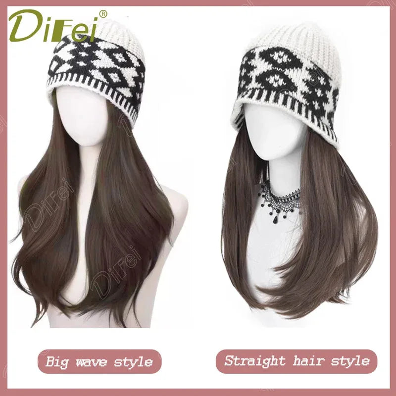 DIFEI Hat Wig One Female Synthetic Wig Fashion Warm Black And White Diamond Lattice Winter Knitted Hat Wave Curly Hair Hat Wig