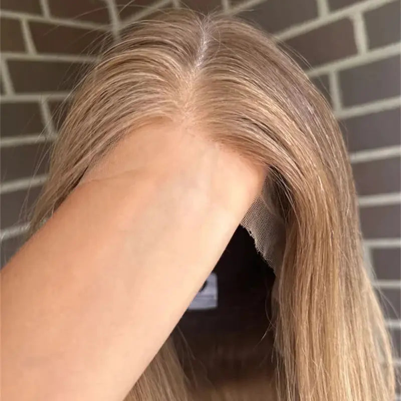 Ombre Blonde with Brown Streaks Synthetic HD Lace Front Wig Short Straight Glueless Bob Wig for White Women Daily Party Use