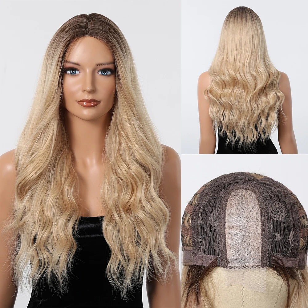Long Body Wave Wigs Transparent Lace Frontal Synthetic Wig Middle Part Hair Light Golden Wig for White Women Dairly Party