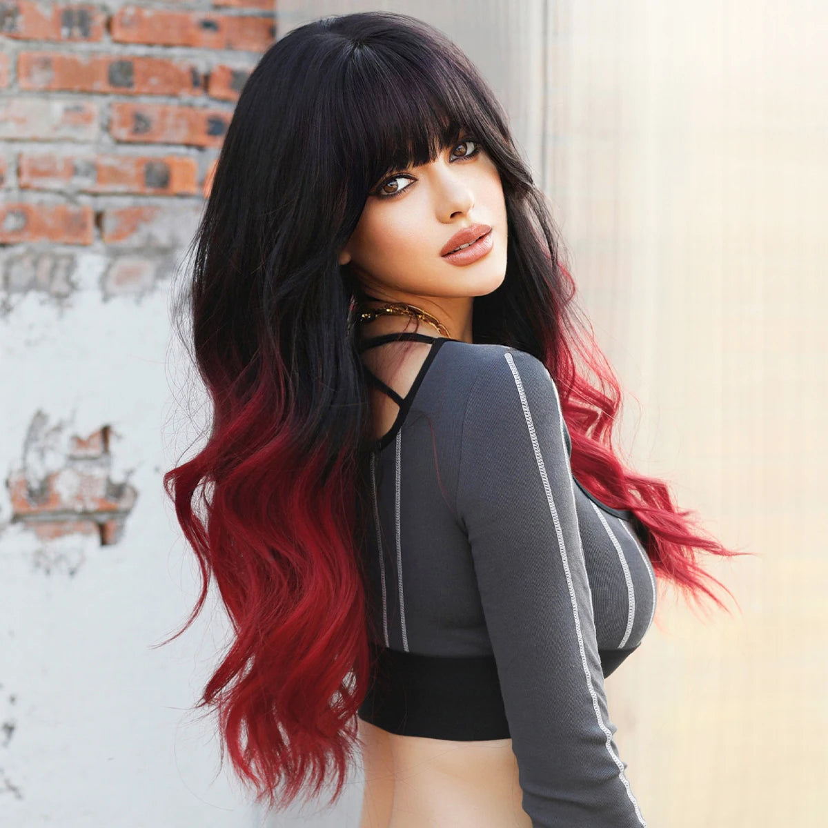 NAMM Long Wavy Ombre Black To Red Wig for Women Daily Synthetic Lavender Hair Wig with Fluffy Bangs Heat Resistant