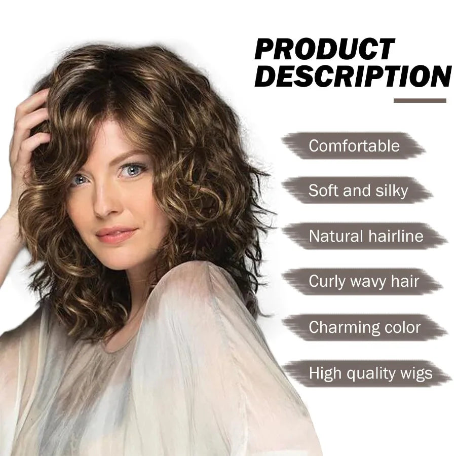 Medium length brown wigs featuring short curly brown mixed blonde wig with bangs synthetic hair wavy layered bo