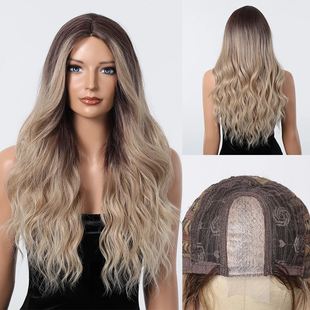 Long Body Wave Wigs Transparent Lace Frontal Synthetic Wig Middle Part Hair Light Golden Wig for White Women Dairly Party
