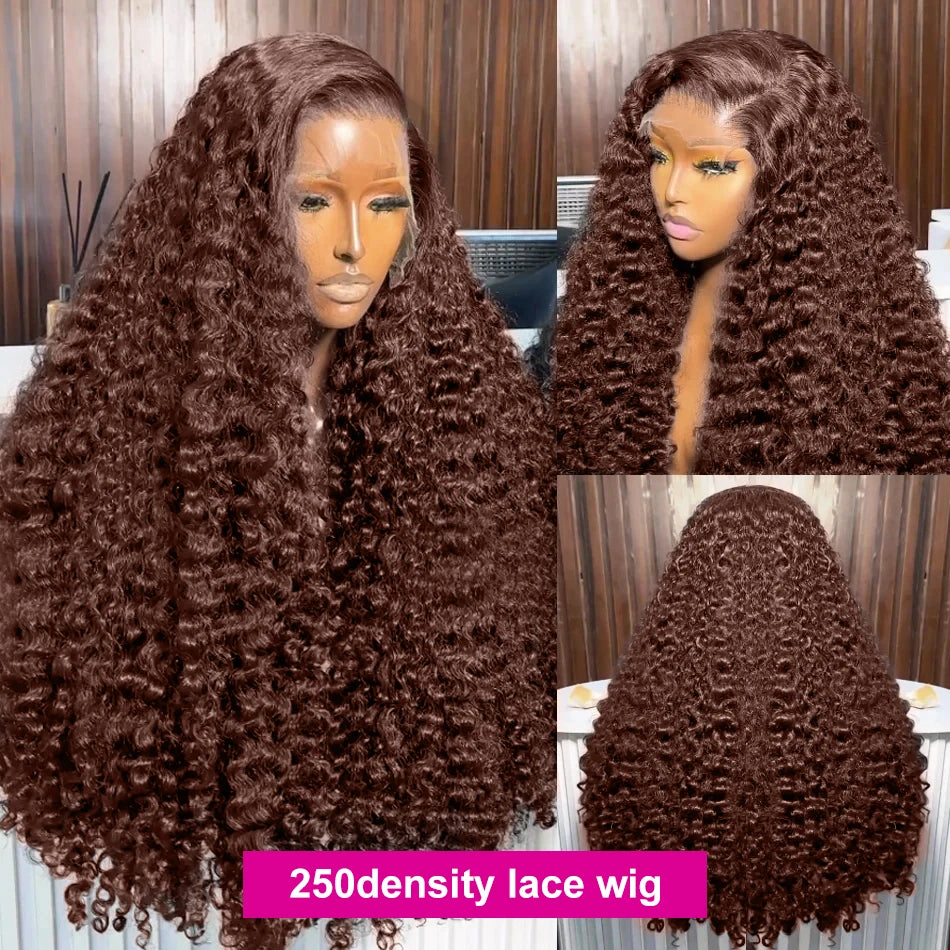 200% Chocolate Brown Deep Wave Human Hair Wig Transparent Lace Frontal Wigs For Women 13x6 Lace Front Water Curly Wigs