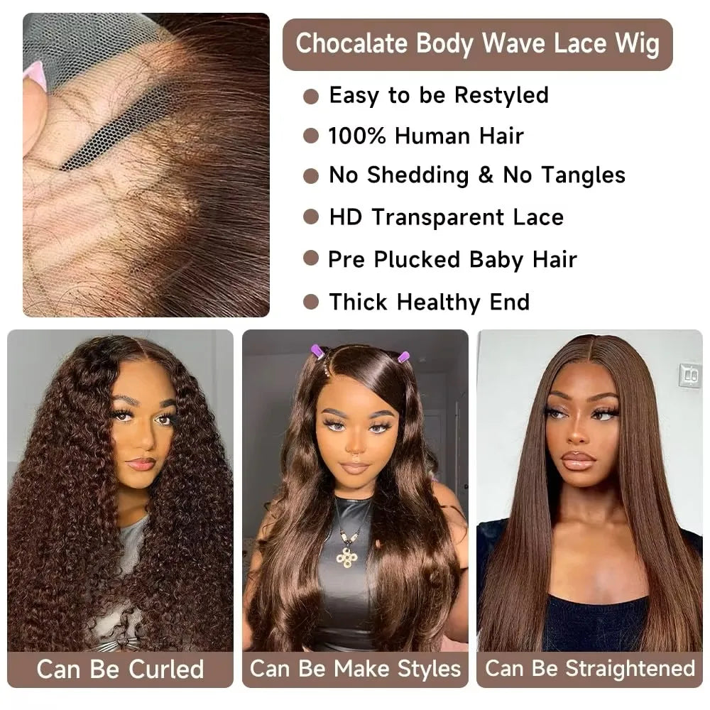 13x6 Chocolate Brown Body Wave Lace Front Wig Lace Frontal Wig 100% Human Hair Pre Plucked Colored 200 Density Wig