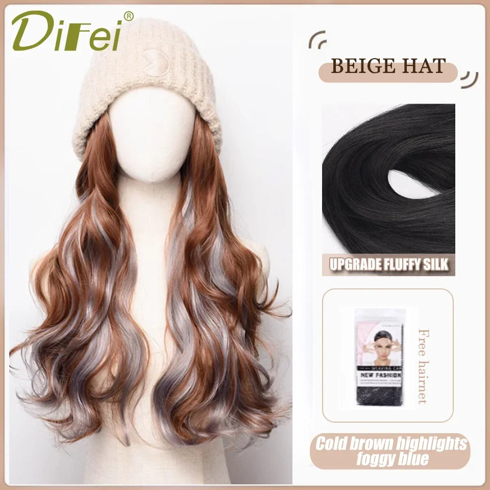 DIFEI Hat Wig One Female Synthetic Wig Fashion Warm Black And White Diamond Lattice Winter Knitted Hat Wave Curly Hair Hat Wig