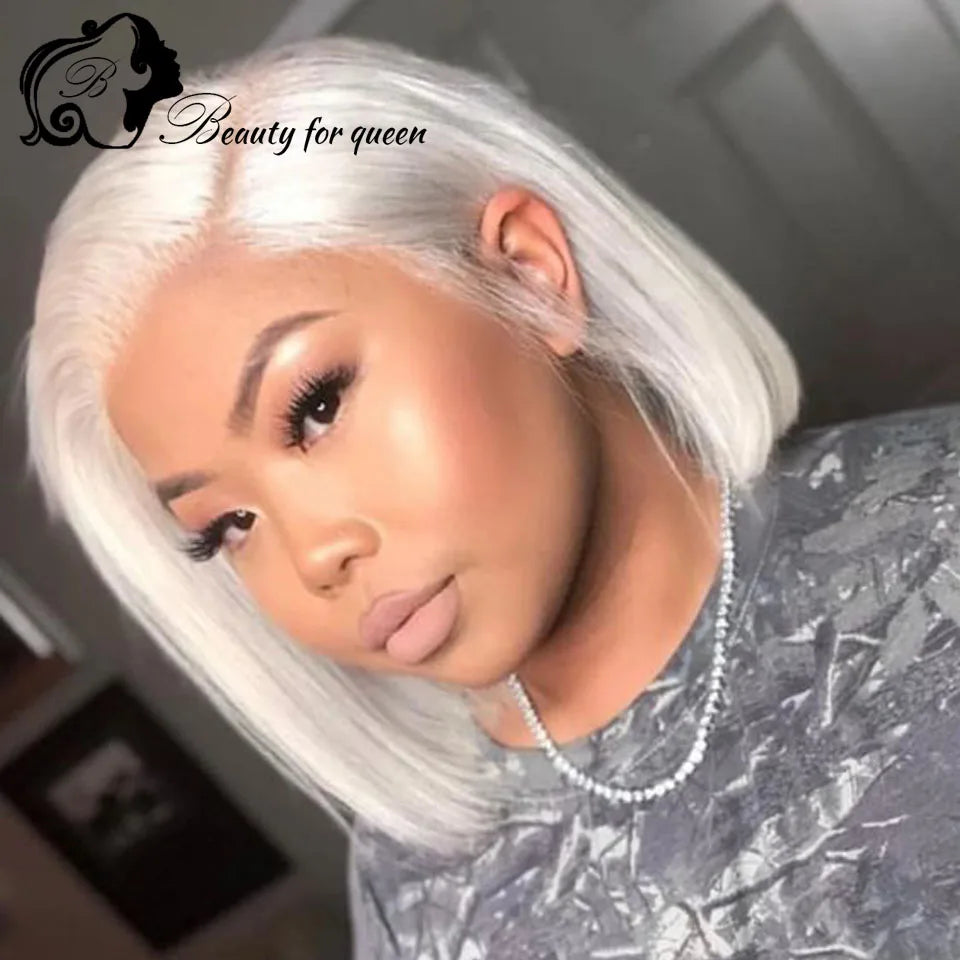 Colored 100% Human Hair Wig High Quality Transparent 13x4 Lace Frontal Wigs White Straight Short Bob 180% Density For Women