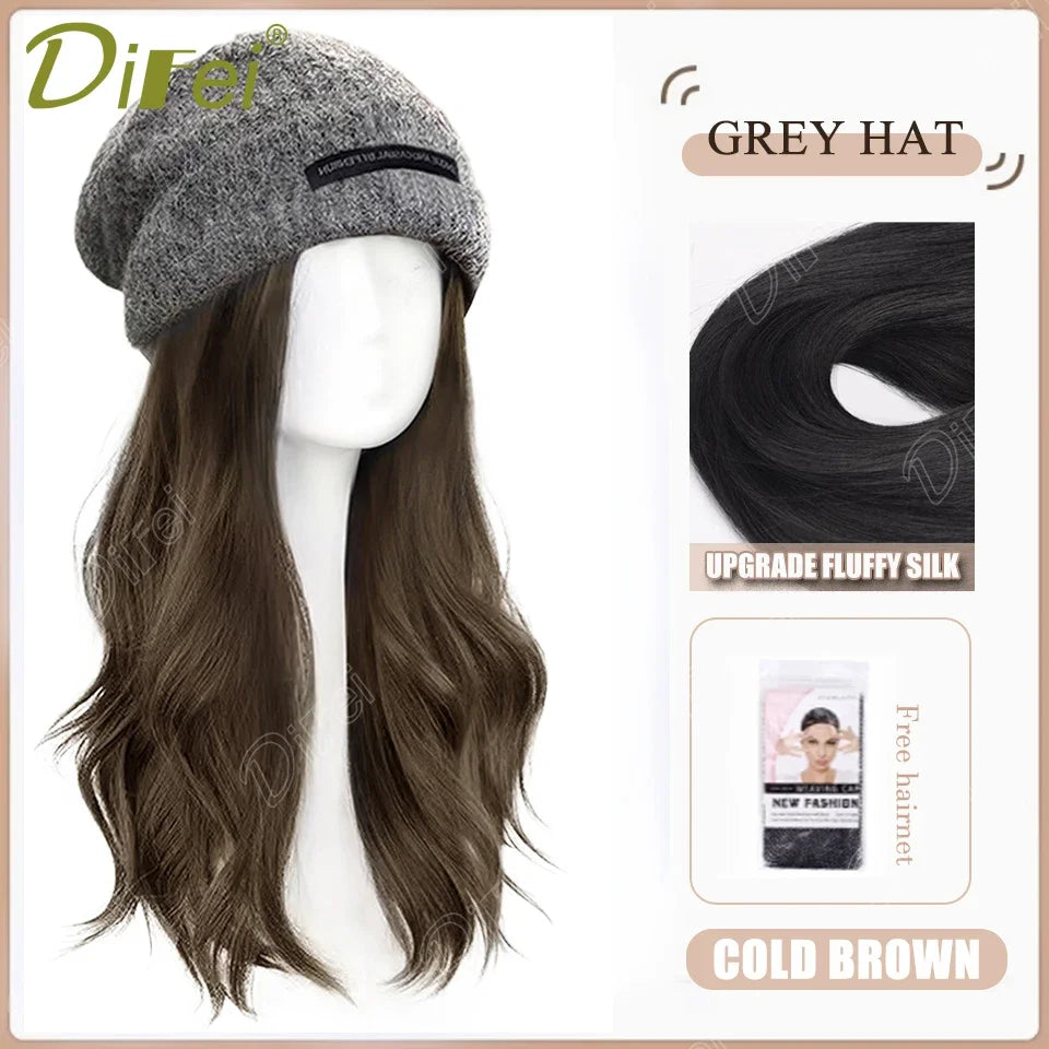 DIFEI Hat Wig One Female Synthetic Wig Fashion Warm Black And White Diamond Lattice Winter Knitted Hat Wave Curly Hair Hat Wig