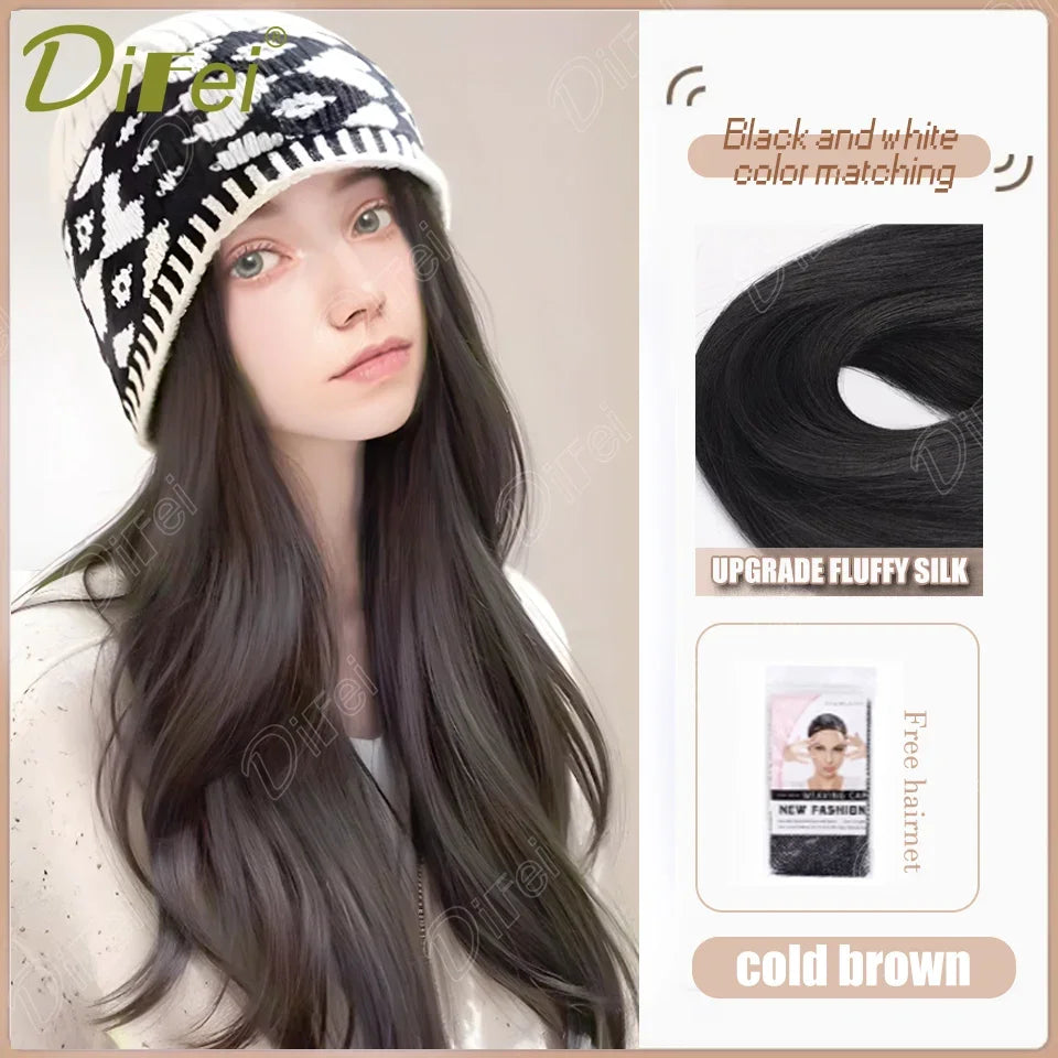 DIFEI Hat Wig One Female Synthetic Wig Fashion Warm Black And White Diamond Lattice Winter Knitted Hat Wave Curly Hair Hat Wig