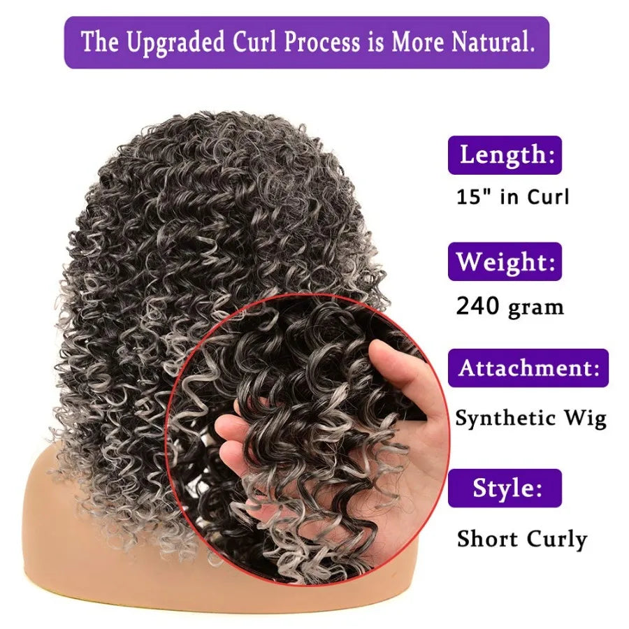 YEAME Curly Wigs Kinky Curly Afro Wig with Bangs Ombre Gray Color Synthetic Mixed Wigs with 1 Wig Comb and 4pcs