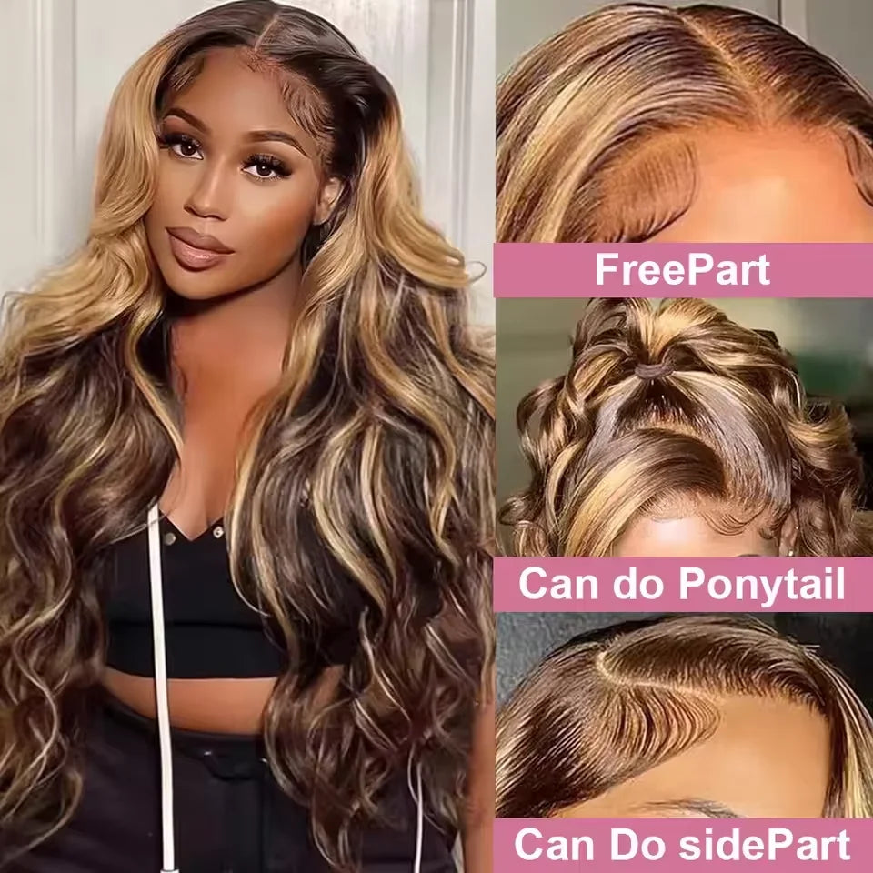 HD Lace Frontal Wigs Honey Blonde Colored Highlight Body Wave Human Hair Pre-plucked
