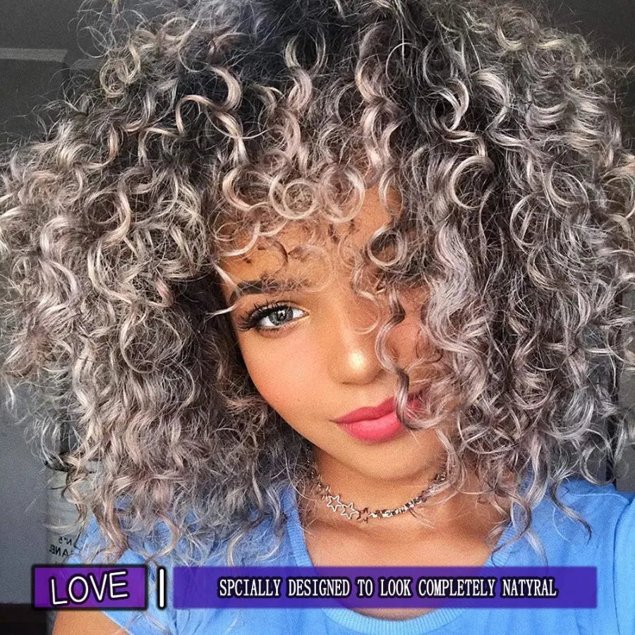 YEAME Curly Wigs Kinky Curly Afro Wig with Bangs Ombre Gray Color Synthetic Mixed Wigs with 1 Wig Comb and 4pcs