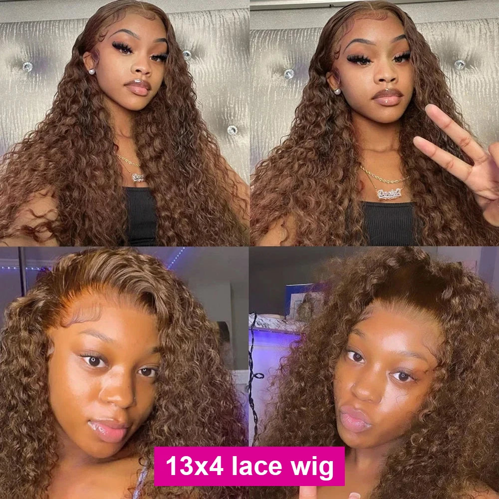 200% Chocolate Brown Deep Wave Human Hair Wig Transparent Lace Frontal Wigs For Women 13x6 Lace Front Water Curly Wigs