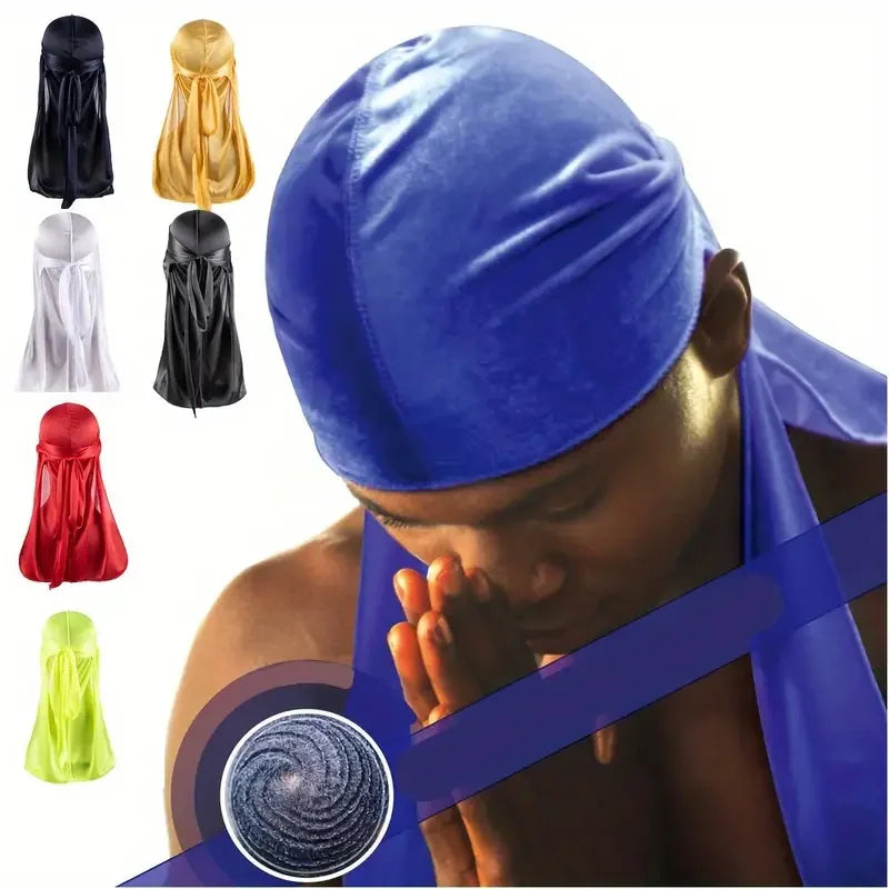 Men's Silky Turban Head Wrap Hat Wig For Men Women Satin Couple Biker Headwear Headband Hair Accessories Extra Long Tail