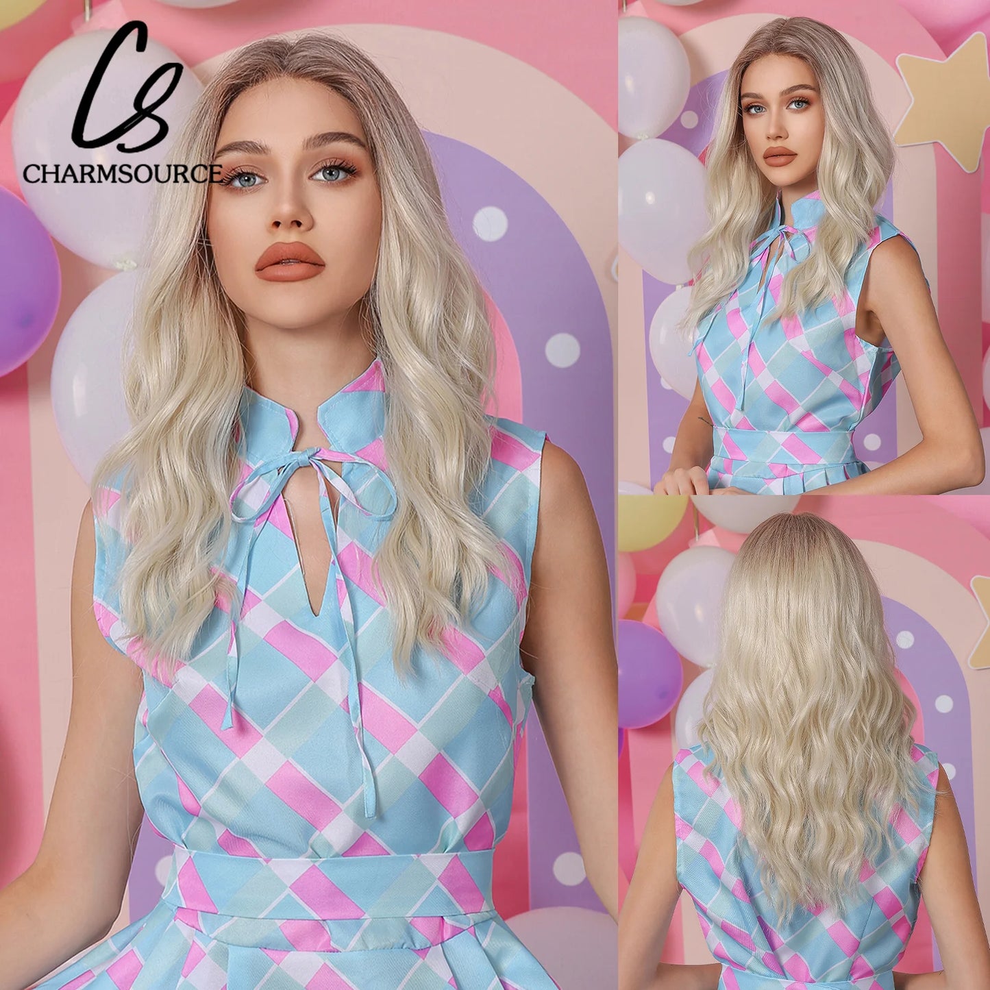 CharmSource 13x6 Lace Synthetic Wig Long Wavy Light Blonde Wigs with Dark Root Women Daily Party Cosplay Wedding High Density