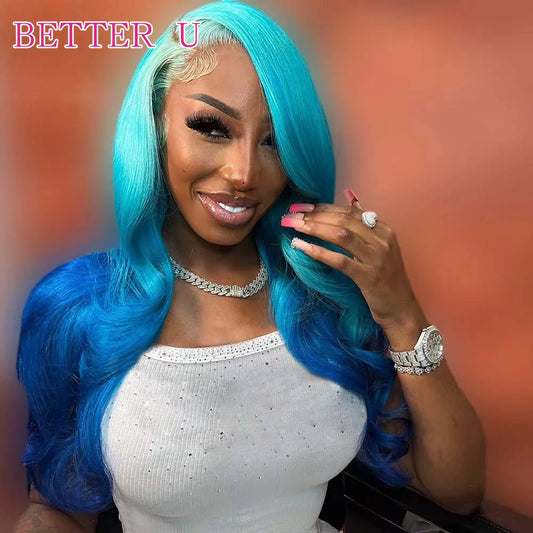 Ombre Blue Human Hair Wig Body Wave 13x4 13x6 Transparent Lace Front Wigs For Women Pre Plucked Colored Brazilian Remy Hair
