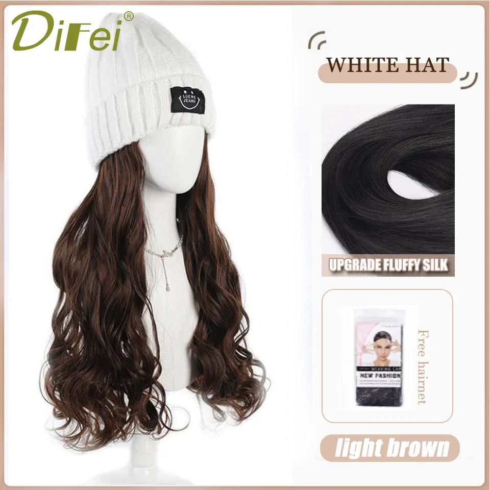 DIFEI Hat Wig One Female Synthetic Wig Fashion Warm Black And White Diamond Lattice Winter Knitted Hat Wave Curly Hair Hat Wig