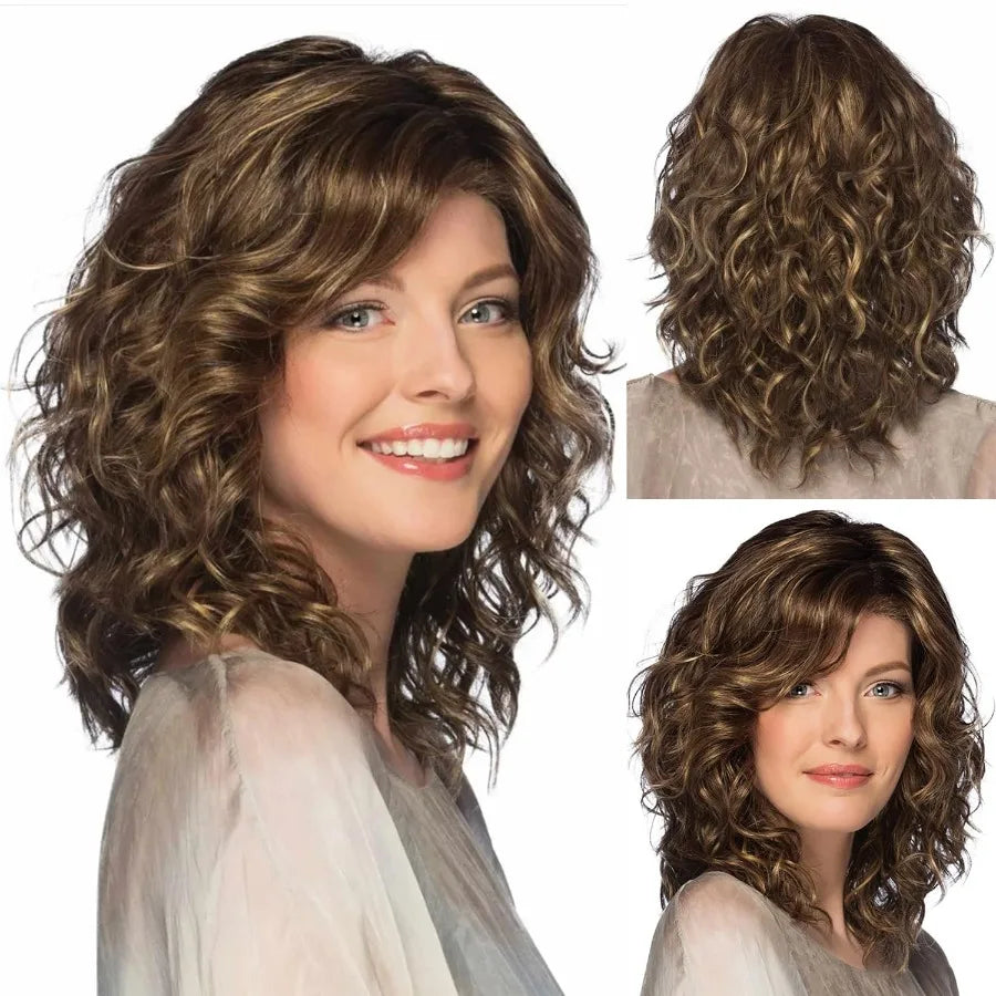 Medium length brown wigs featuring short curly brown mixed blonde wig with bangs synthetic hair wavy layered bo