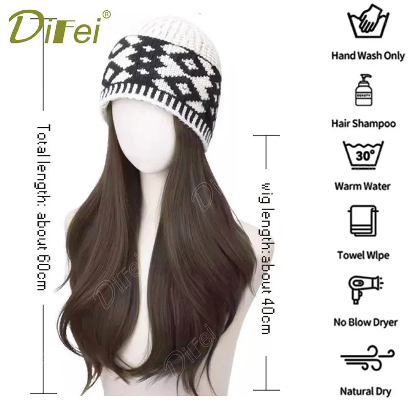 DIFEI Hat Wig One Female Synthetic Wig Fashion Warm Black And White Diamond Lattice Winter Knitted Hat Wave Curly Hair Hat Wig