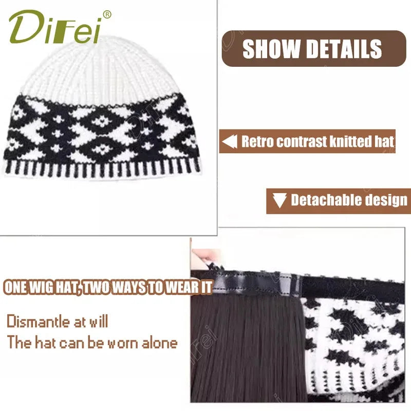 DIFEI Hat Wig One Female Synthetic Wig Fashion Warm Black And White Diamond Lattice Winter Knitted Hat Wave Curly Hair Hat Wig