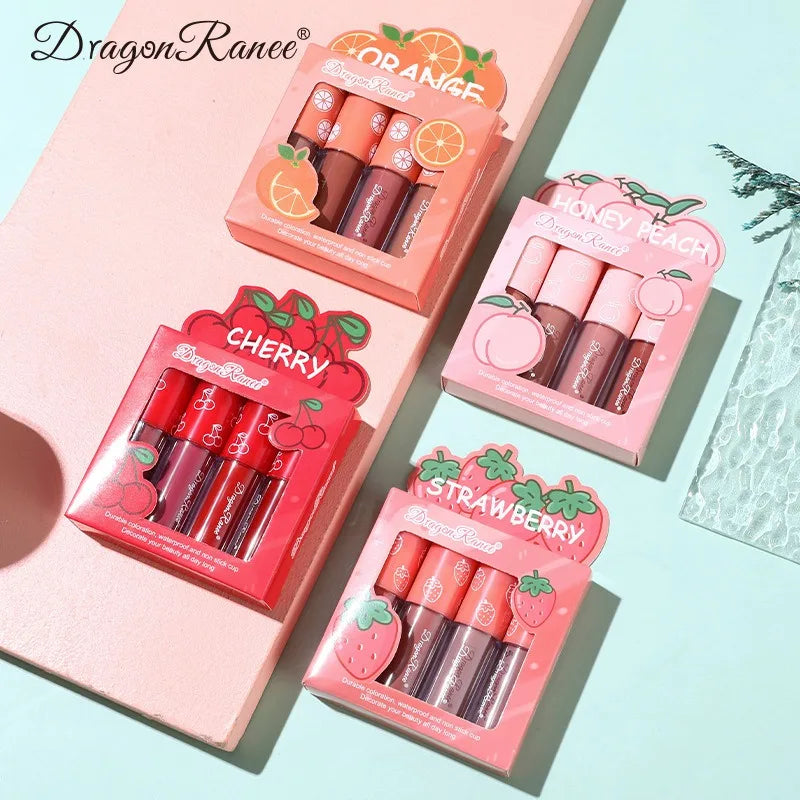 4Pcs/Set Mini Velvet Matte Lip Gloss Non-Stick Cup Lipstick Long-Lasting Fruit Scented Lip Tint Lip Glaze Lips Makeup Cosmetics