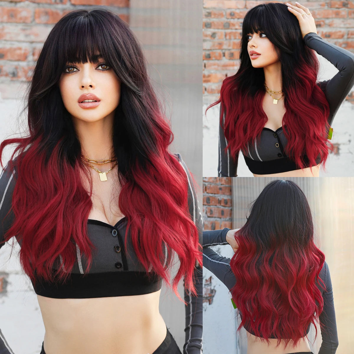 NAMM Long Wavy Ombre Black To Red Wig for Women Daily Synthetic Lavender Hair Wig with Fluffy Bangs Heat Resistant