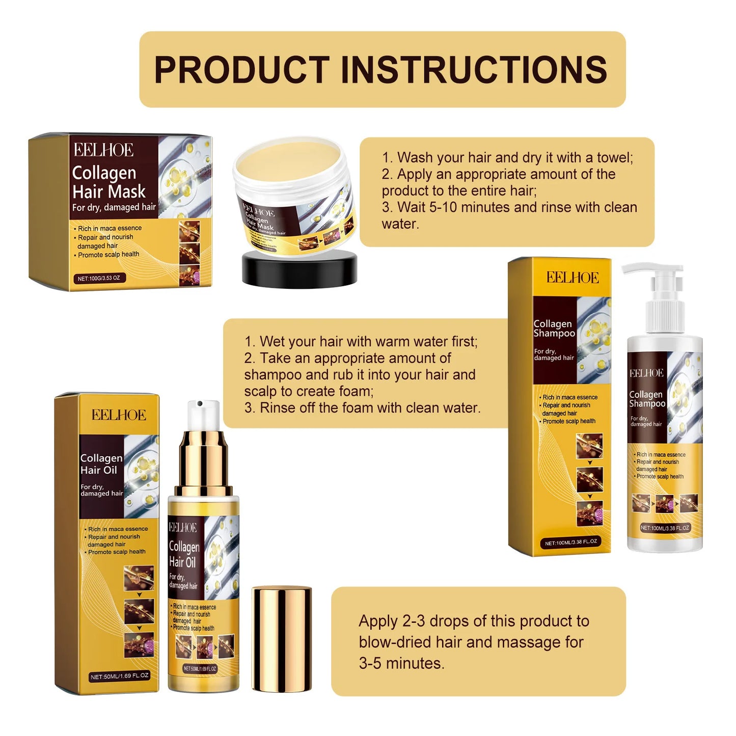 EELHOE Collagen Hair Care Kit Repair Keratin Hair Smoothing Softener Shiny Strengthen Mask Shampoo Maca Anti Frizz Hair Products