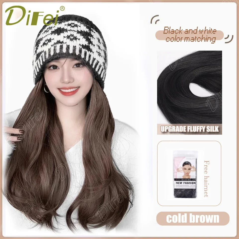 DIFEI Hat Wig One Female Synthetic Wig Fashion Warm Black And White Diamond Lattice Winter Knitted Hat Wave Curly Hair Hat Wig