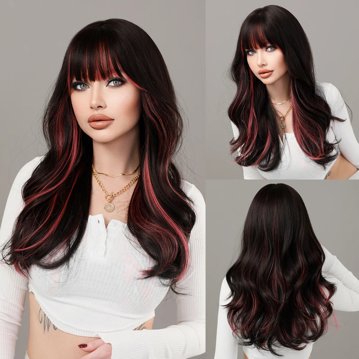 NAMM Long Wavy Ombre Black To Red Wig for Women Daily Synthetic Lavender Hair Wig with Fluffy Bangs Heat Resistant
