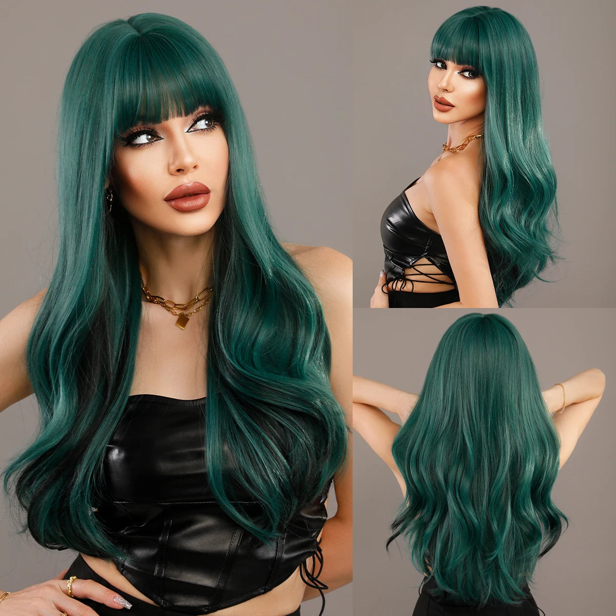 NAMM Long Wavy Ombre Black To Red Wig for Women Daily Synthetic Lavender Hair Wig with Fluffy Bangs Heat Resistant