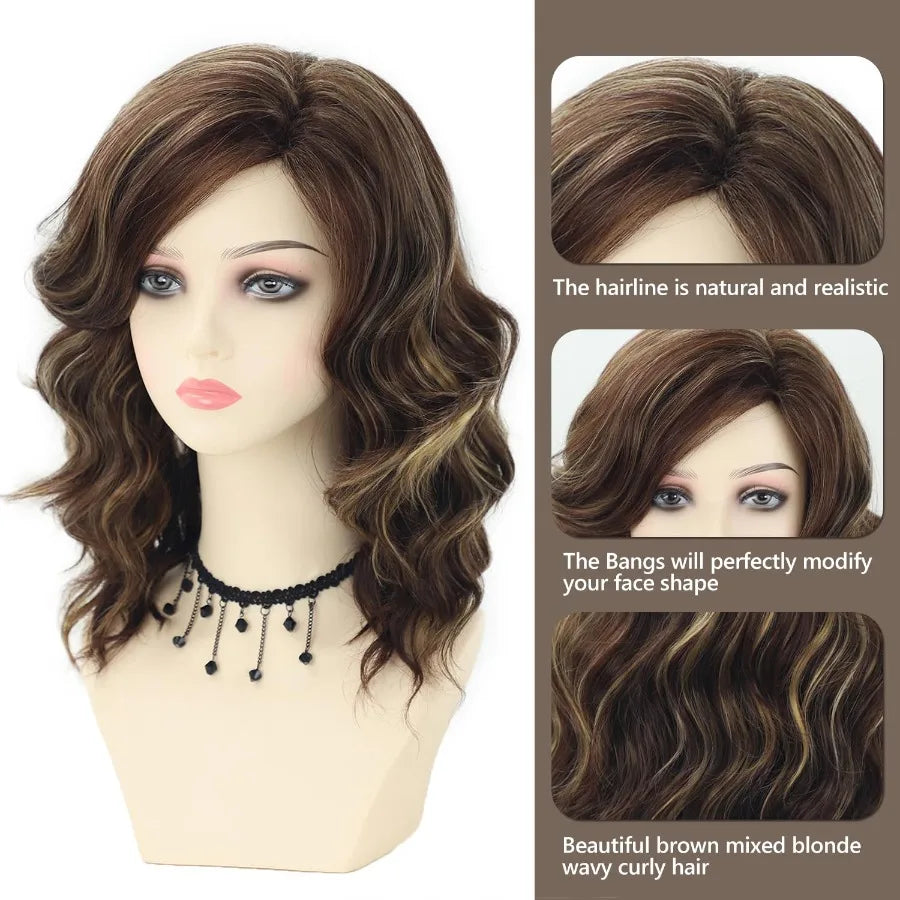 Medium length brown wigs featuring short curly brown mixed blonde wig with bangs synthetic hair wavy layered bo