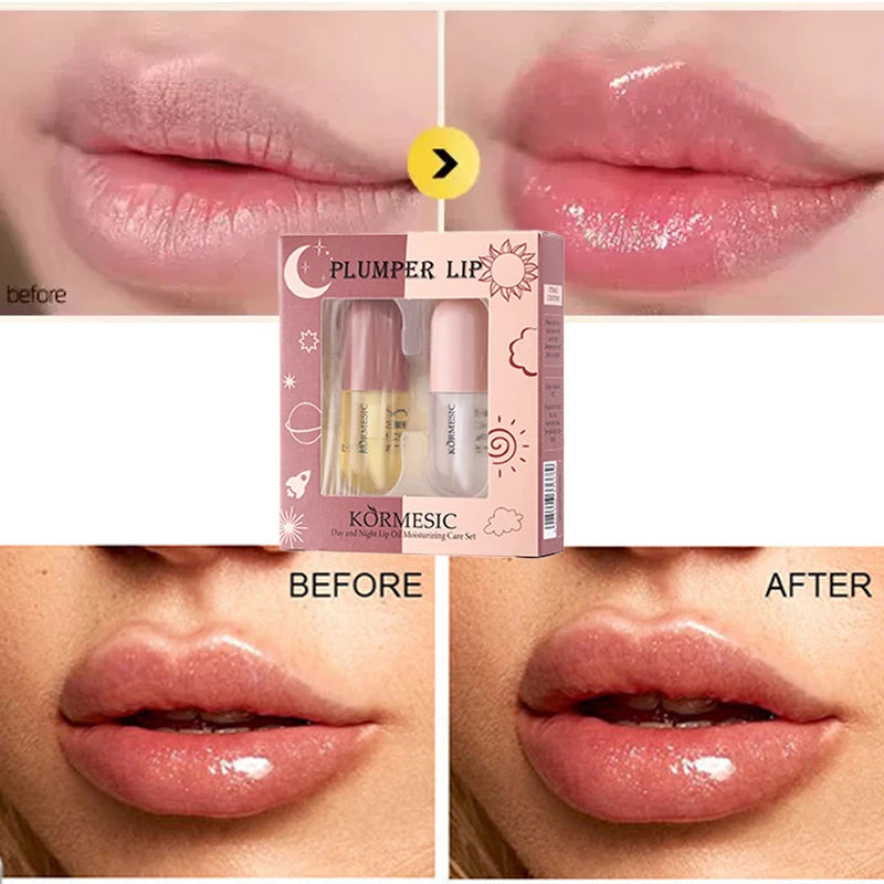 Long Lasting Lip Plumper Oil Serum Day Night Repair Moisturizing Lip Oil Set Plumping Lip Gloss Makeup Sexy Lip Glow Oil Care