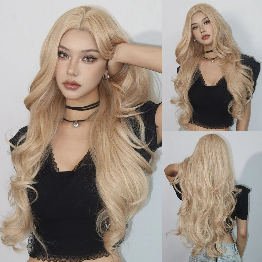 Long Body Wave Wigs Transparent Lace Frontal Synthetic Wig Middle Part Hair Light Golden Wig for White Women Dairly Party