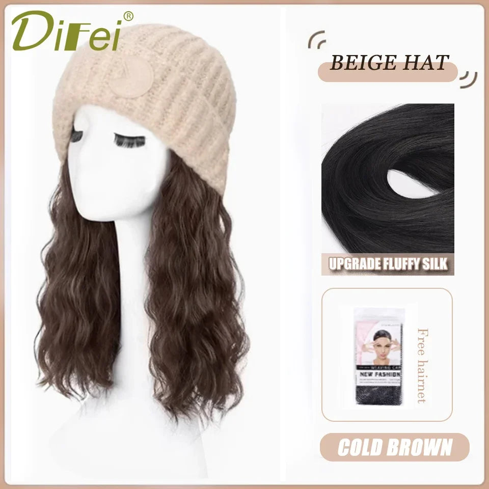DIFEI Hat Wig One Female Synthetic Wig Fashion Warm Black And White Diamond Lattice Winter Knitted Hat Wave Curly Hair Hat Wig