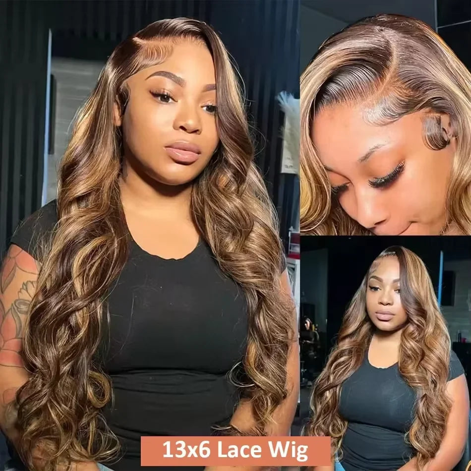 HD Lace Frontal Wigs Honey Blonde Colored Highlight Body Wave Human Hair Pre-plucked