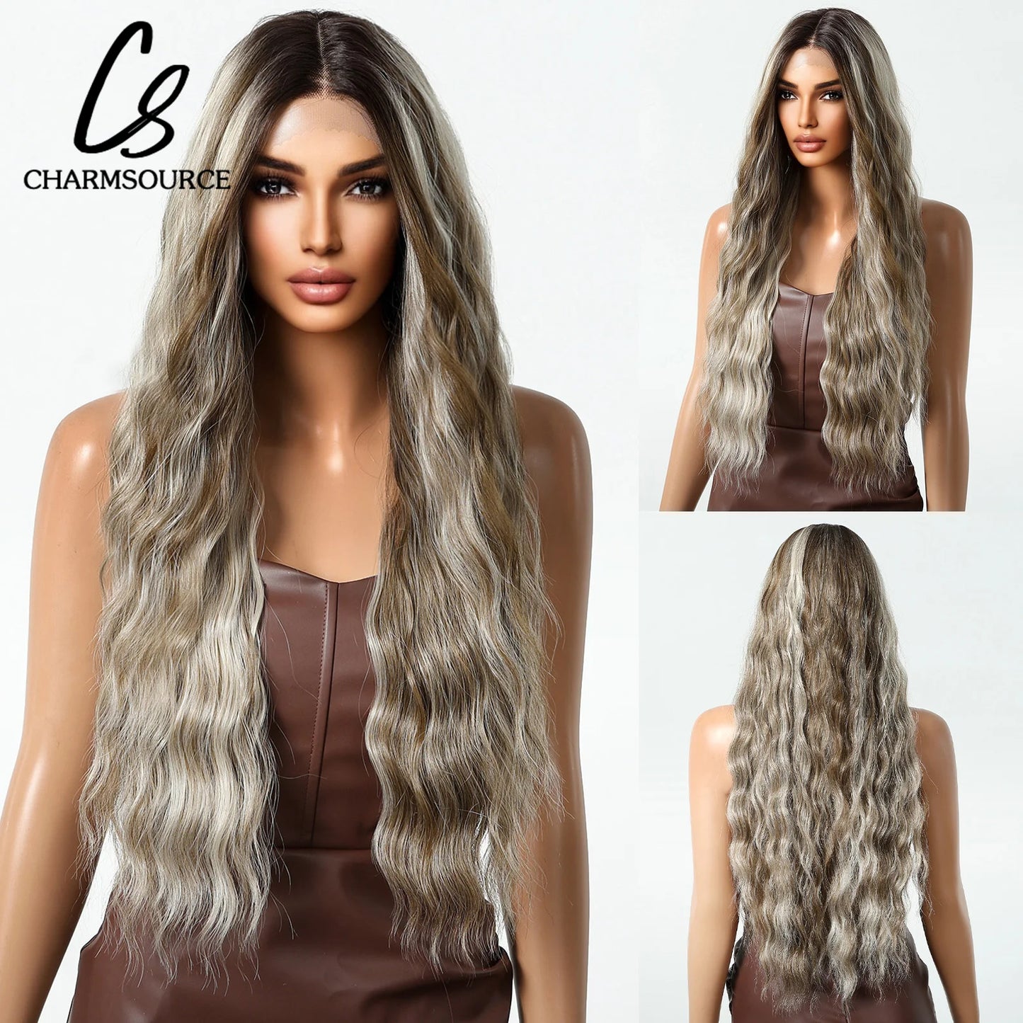 CharmSource 13x6 Lace Synthetic Wig Long Wavy Light Blonde Wigs with Dark Root Women Daily Party Cosplay Wedding High Density