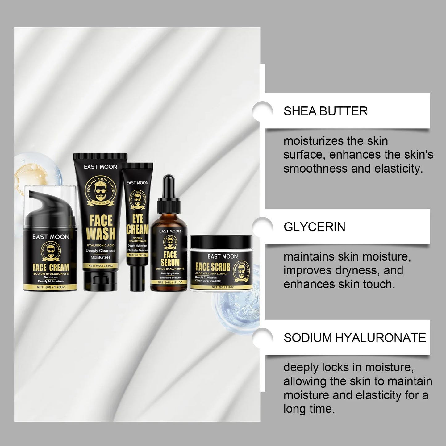 East Moon Men Facial Firming Set with Gift Box Hydrate Lifting Smooth Oil Control Moisturizing Serum Face Skin Care Cream Series