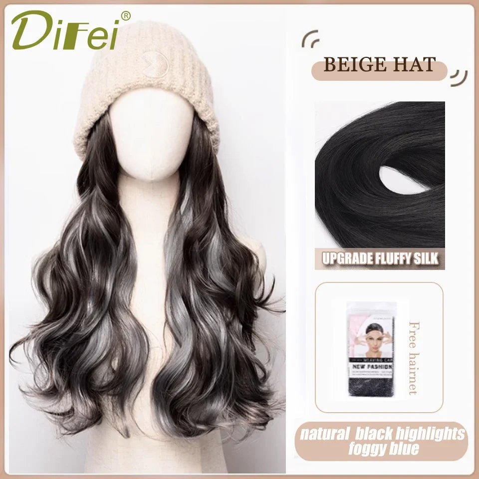 DIFEI Hat Wig One Female Synthetic Wig Fashion Warm Black And White Diamond Lattice Winter Knitted Hat Wave Curly Hair Hat Wig